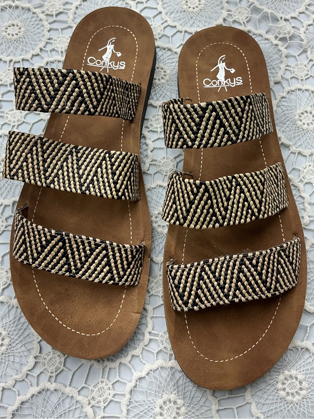 Corkys Dafne Woven Tan Slide Sandals with Black-and-Cream Braided Straps